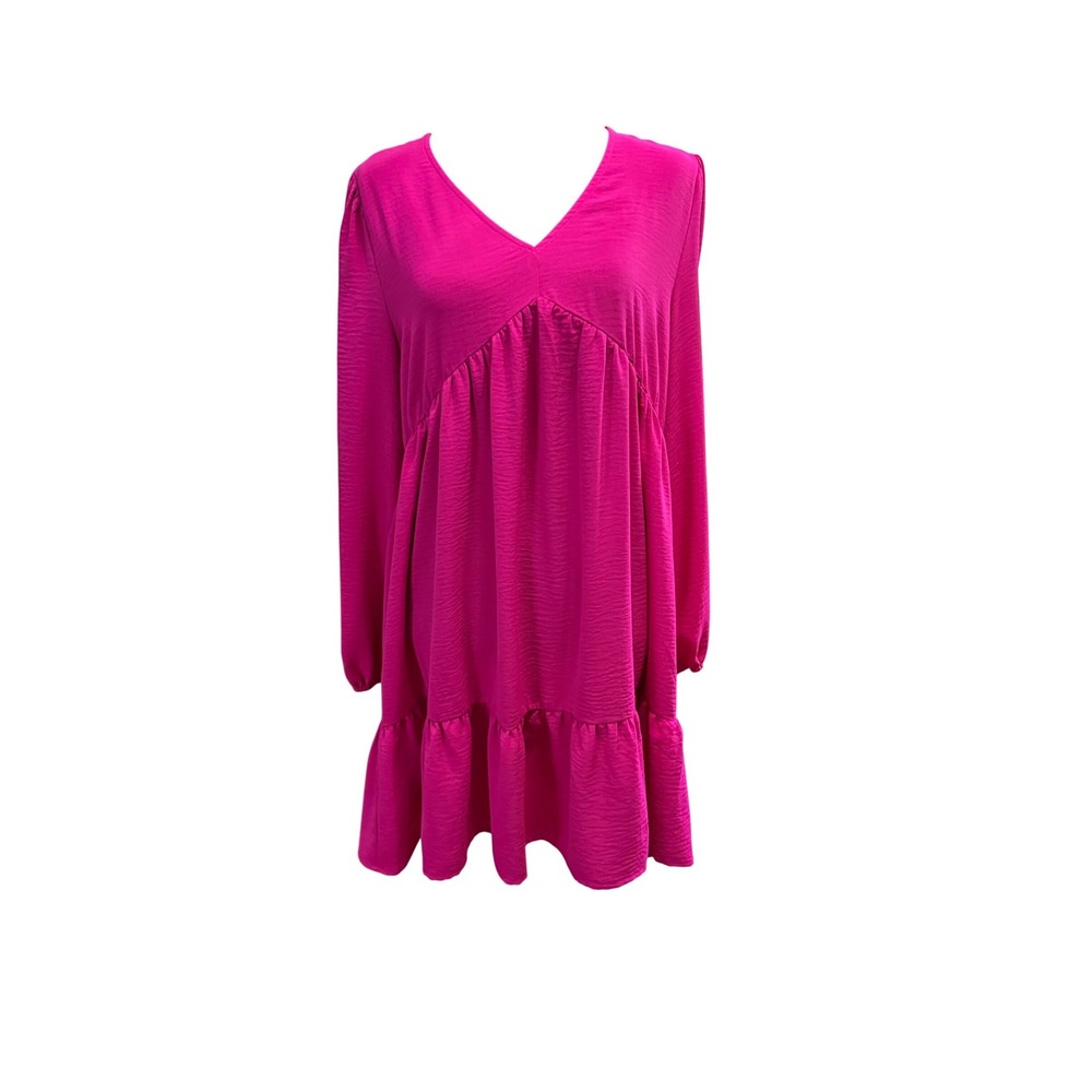 Mod on Trend Magenta Pink Babydoll Mini Dress Long Sleeve V-Neck Tiered Ruffle M